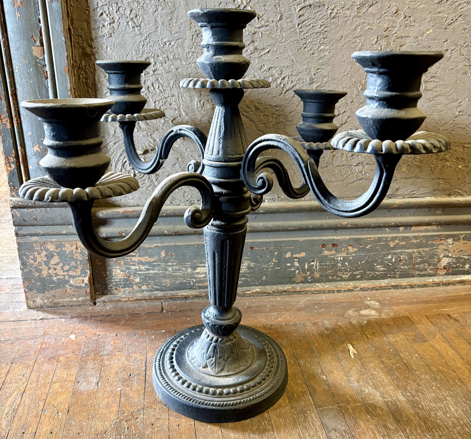 5 Arm Black Cast Iron Candelabra 20"X20"X21": 5 Arm Black Cast Iron Candelabra 20"X20"X21"