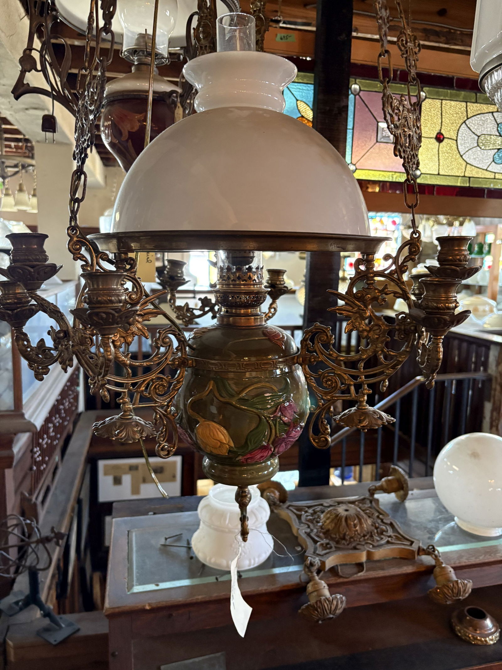 Antique Victorian Style Hanging Oil Lamp Electrified Chandelier With Brass Hardware And Floral Motif (1 of 11)