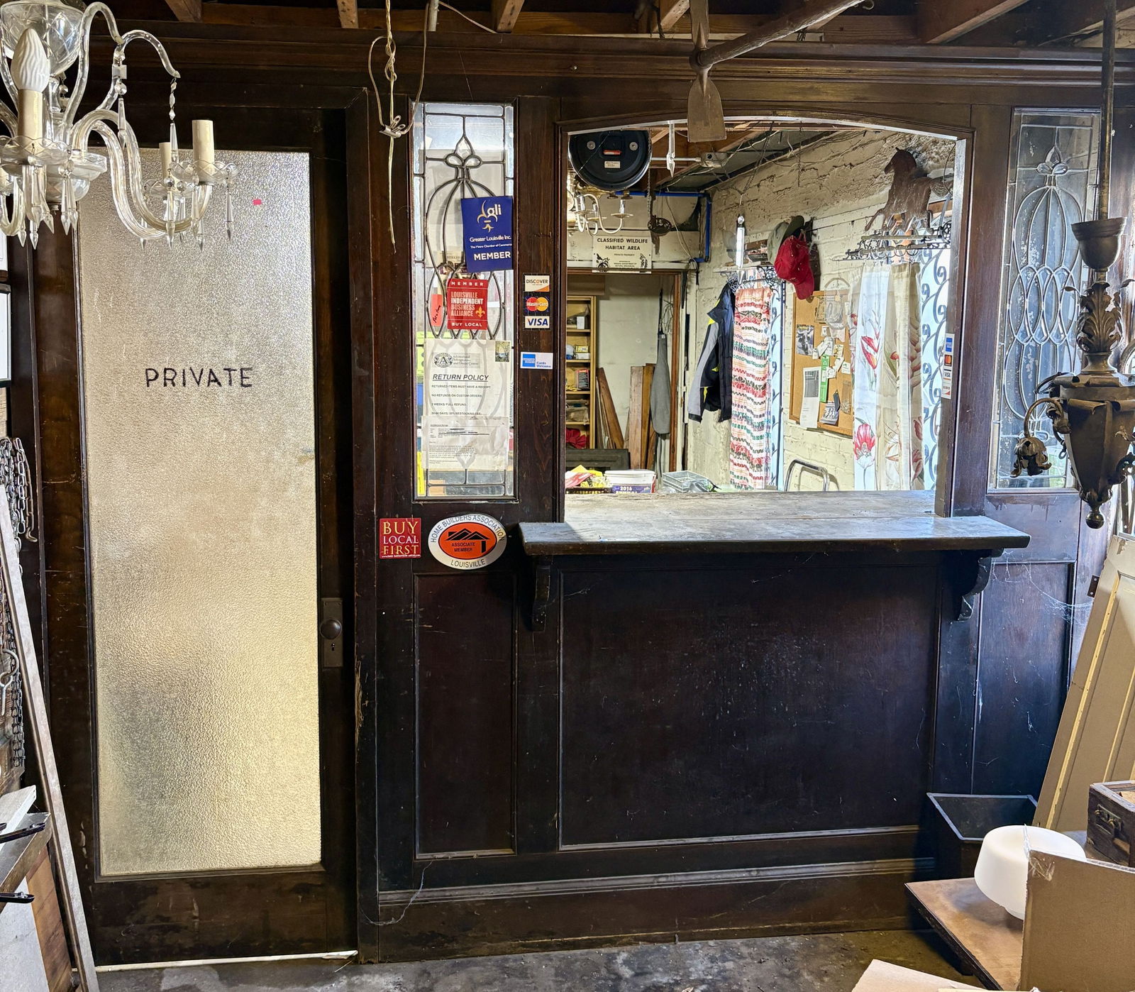 Architectural Salvage Early Office Doorway With Stained Glass And Translucent "Private" Door: Architectural Salvage Early Office Doorway With Stained Glass And Translucent "Private" Door 28"X109"X91" - NOT AVAILABLE FOR SHIPPING, PICK UP OR TRANSPORT ONLY