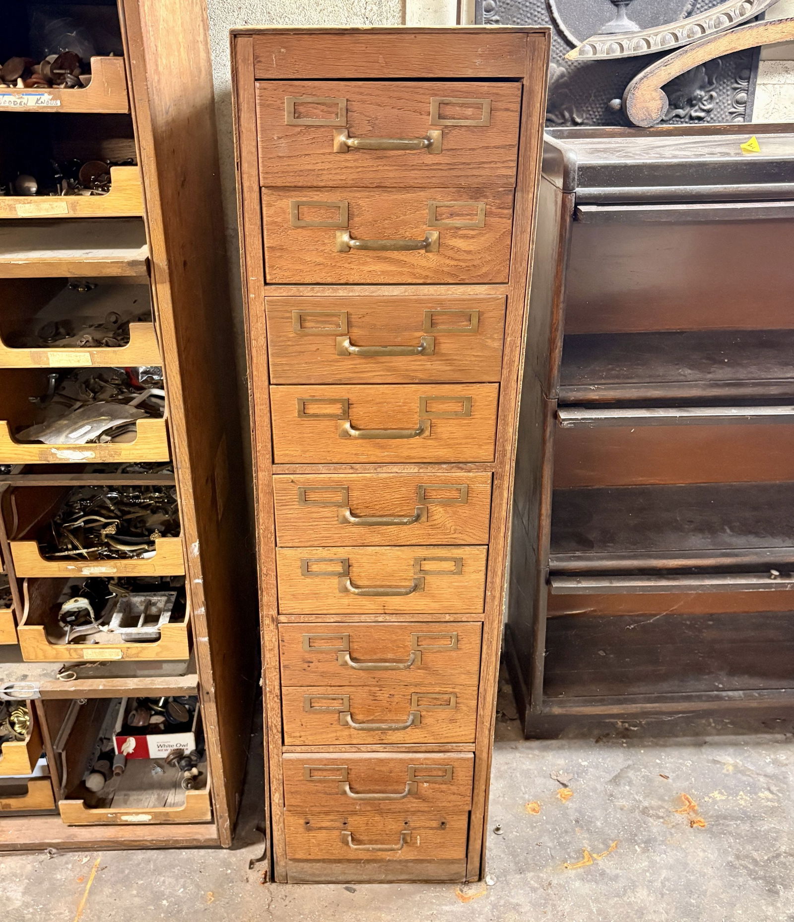 Oak 10-Drawer Index Filing Storage Cabinet 14"X25"X53": Oak 10-Drawer Index Filing Storage Cabinet 14"X25"X53"