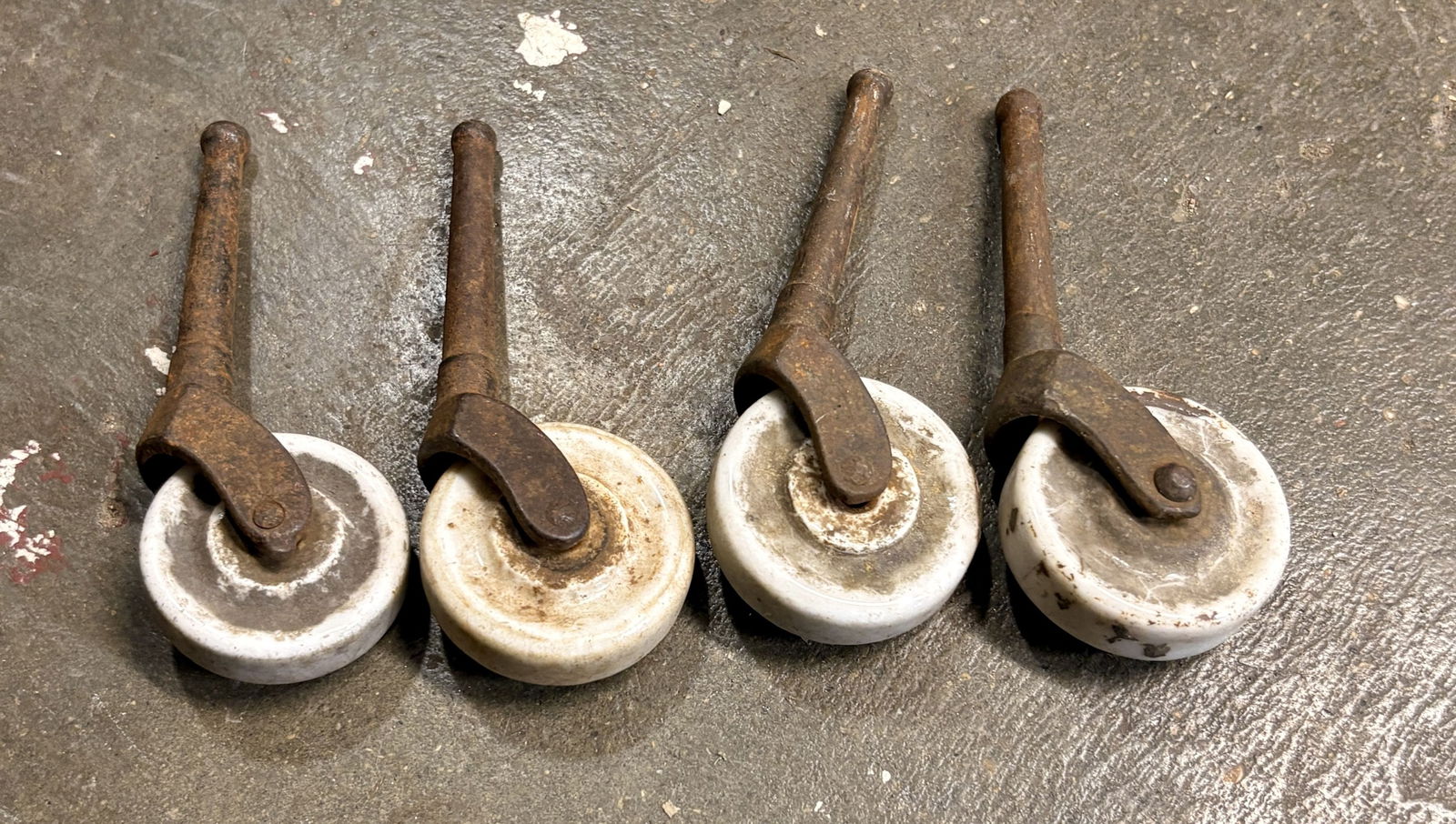 Set Of Antique Porcelain Furniture Caster Wheels 4": Set Of Antique Porcelain Furniture Caster Wheels 4"
