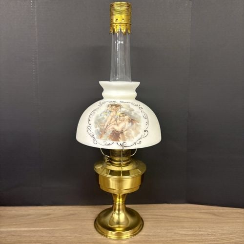 Original Aladdin 23 Oil Lamp With Hand Painted Cherub Decorated Glass Shade 9"X24": Original Aladdin 23 Oil Lamp With Hand Painted Cherub Decorated Glass Shade 9"X24"