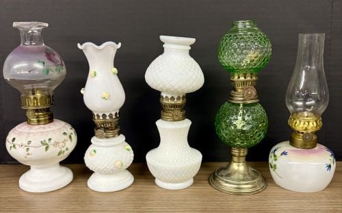 Lot Of 5 Miniature Antique - Vintage Oil Lamps - Finger Lamps 3.5"X9": Lot Of 5 Miniature Antique - Vintage Oil Lamps - Finger Lamps 3.5"X9"