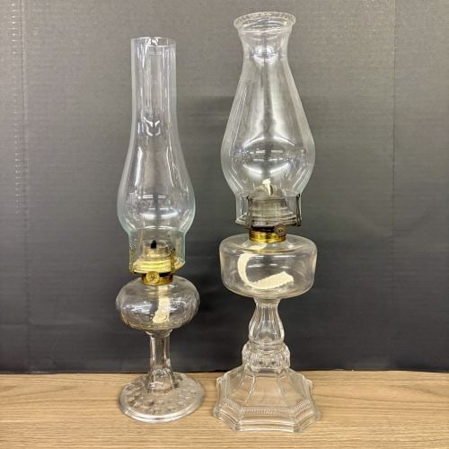 Pair Of Antique - Vintage Clear Glass Oil Lamps 4"X19": Pair Of Antique - Vintage Clear Glass Oil Lamps 4"X19"