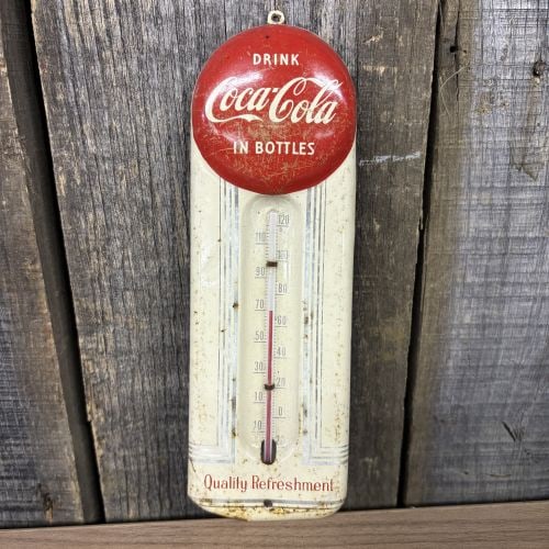 1950's-60's Coca-Cola Tin Advertising Thermometer "Drink Coca-Cola In Bottles" 3"X9.5": 1950's-60's Coca-Cola Tin Advertising Thermometer "Drink Coca-Cola In Bottles" 3"X9.5"