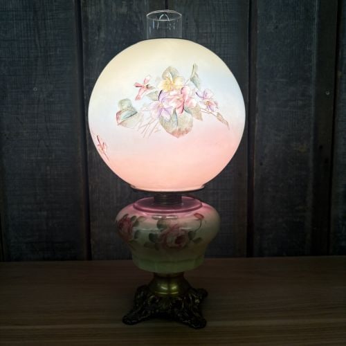 Antique Victorian Gone With The Wind Style Lamp With Hand Painted Floral Glass Globe And Base 8"X17": Antique Victorian Gone With The Wind Style Lamp With Hand Painted Floral Glass Globe And Base 8"X17"