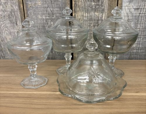 Indiana Glass Company Bethlehem Star Pattern Pedestal Compotes And Butter Dish 5"X9": Indiana Glass Company Bethlehem Star Pattern Pedestal Compotes And Butter Dish 5"X9"