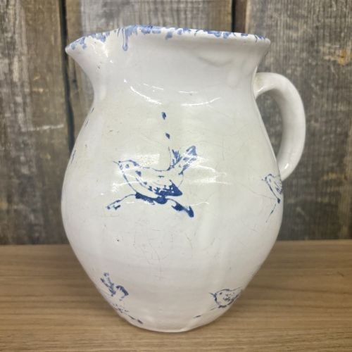 Bybee Pottery Pitcher Blue - White Spongeware Bird Design 7.5"X8": Bybee Pottery Pitcher Blue - White Spongeware Bird Design 7.5"X8"