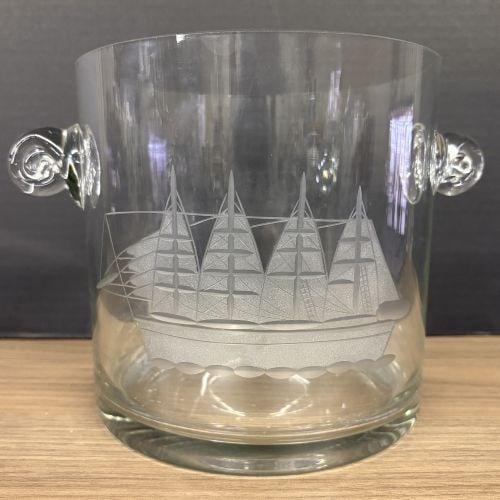 Vintage Toscany Glass Ice Bucket Or Champagne Compote Bowl With Etched Clipper Ship With Chip On: Vintage Toscany Glass Ice Bucket Or Champagne Compote Bowl With Etched Clipper Ship With Chip On Brim 10"X7"