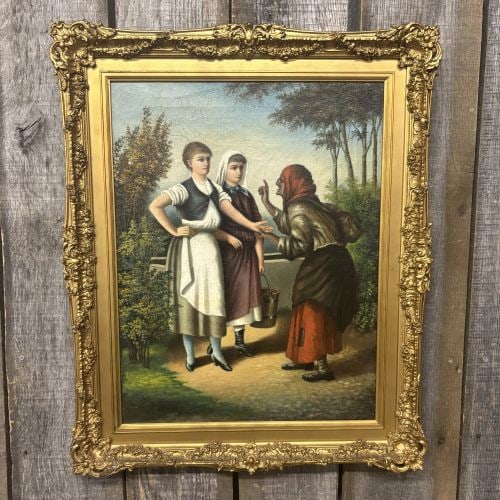 Excellent Antique Oil Painting On Canvas, Likely 19th Century European Genre Scene In Ornate Gilded: Excellent Antique Oil Painting On Canvas, Likely 19th Century European Genre Scene In Ornate Gilded Frame 23"X28"