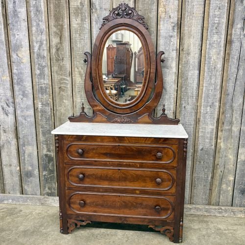 Antique American Victorian Marble Topped Dresser With Carved Details - Mirror; 18"X43"X78": Antique American Victorian Marble Topped Dresser With Carved Details - Mirror; 18"X43"X78" - NOT AVAILABLE FOR SHIPPING, PICK UP OR TRANSPORT ONLY
