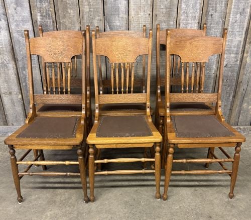 Lot Of 6 Antique Oak Spindle Back Chairs With Carved Portrait On Back 16"X21"X41": Lot Of 6 Antique Oak Spindle Back Chairs With Carved Portrait On Back 16"X21"X41" - NOT AVAILABLE FOR SHIPPING, PICK UP OR TRANSPORT ONLY