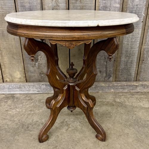 Victorian Era Marble Top Lamp Table With Walnut Wood Base And Carved Detailing 22"X27.5"X28.5": Victorian Era Marble Top Lamp Table With Walnut Wood Base And Carved Detailing 22"X27.5"X28.5" - NOT AVAILABLE FOR SHIPPING, PICK UP OR TRANSPORT ONLY