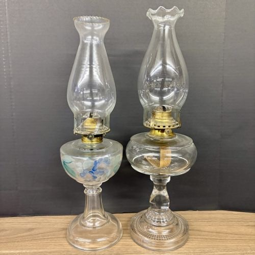 Pair Of Antique Glass Oil Or Kerosene Lamps Including One With Hand Painted Floral Decoration 5"X18": Pair Of Antique Glass Oil Or Kerosene Lamps Including One With Hand Painted Floral Decoration 5"X18"