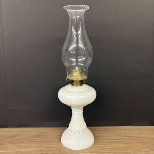 Plume - Atwood Decorated Milk Glass Oil Lamp 4"X15": Plume - Atwood Decorated Milk Glass Oil Lamp 4"X15"