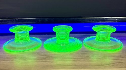 Lot Of 3 Uranium Glass Candle Holders 3.5"X2": Lot Of 3 Uranium Glass Candle Holders 3.5"X2"