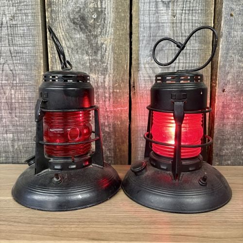 Pair Of Embury No. 40 Red Globe Lantern Lamps, Electrified. 6"X10": Pair Of Embury No. 40 Red Globe Lantern Lamps, Electrified. 6"X10"