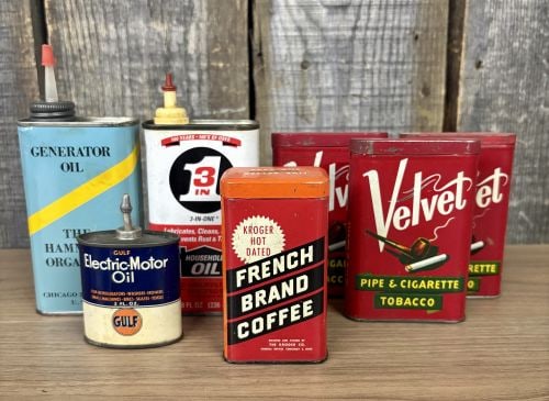 Lot Of Early Advertising Tins - French Brand Coffee, Velvet Pipe Tobacco And Oil Tins 3"X6.5": Lot Of Early Advertising Tins - French Brand Coffee, Velvet Pipe Tobacco And Oil Tins 3"X6.5"