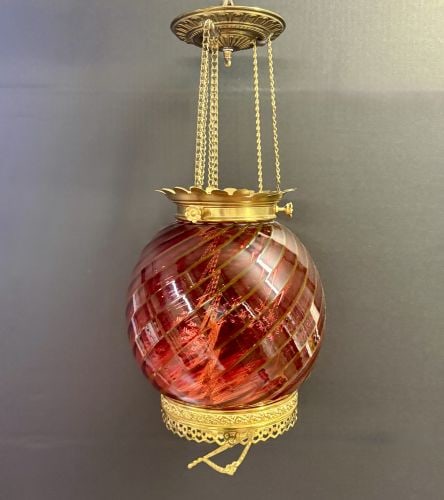 19th Century Victorian Hanging Oil Lamp With Cranberry Swirl Glass Globe 8"X20": 19th Century Victorian Hanging Oil Lamp With Cranberry Swirl Glass Globe 8"X20"