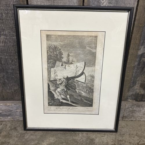 Framed Engraving Titled "The Gates Of Gaza" Illustrating Biblical Story Of Judges 16 (16.5"X21"): Framed Engraving Titled "The Gates Of Gaza" Illustrating Biblical Story Of Judges 16 (16.5"X21") - NOT AVAILABLE FOR SHIPPING, PICK UP OR TRANSPORT ONLY