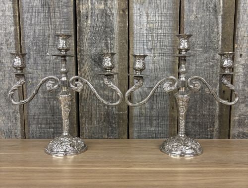 Pair Of Ornate Silverplate Three Arm Candelabra With Detailed Floral And Scroll Design By: Pair Of Ornate Silverplate Three Arm Candelabra With Detailed Floral And Scroll Design By International Silver Company 14"X14" - NOT AVAILABLE FOR SHIPPING, PICK UP OR TRANSPORT ONLY