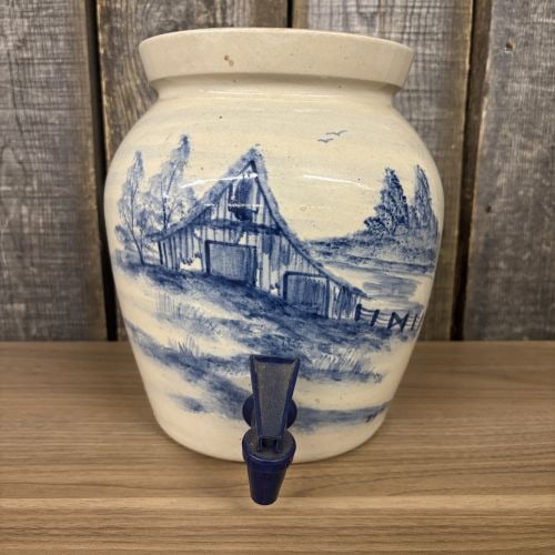 Stoneware Pottery Beverage Dispenser With Cobalt Decoration By Paul Storie Pottery 8"X9"X10": Stoneware Pottery Beverage Dispenser With Cobalt Decoration By Paul Storie Pottery 8"X9"X10" - NOT AVAILABLE FOR SHIPPING, PICK UP OR TRANSPORT ONLY