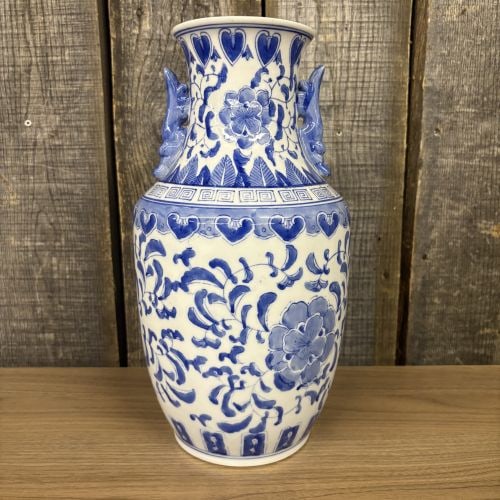 Chinese Blue And White Porcelain Vase With Floral Pattern And Decorative Handles 7"X14.5": Chinese Blue And White Porcelain Vase With Floral Pattern And Decorative Handles 7"X14.5" - NOT AVAILABLE FOR SHIPPING, PICK UP OR TRANSPORT ONLY