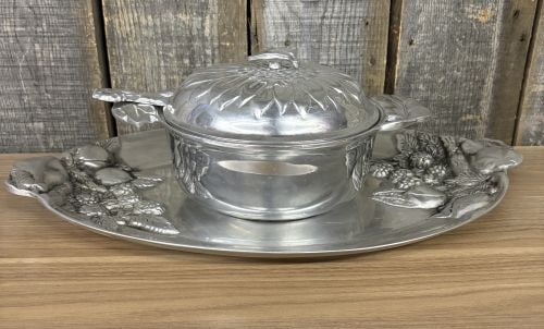 Vintage Pewter Casserole Style Dish With Serving Tray 13"X21"X6": Vintage Pewter Casserole Style Dish With Serving Tray 13"X21"X6" - NOT AVAILABLE FOR SHIPPING, PICK UP OR TRANSPORT ONLY