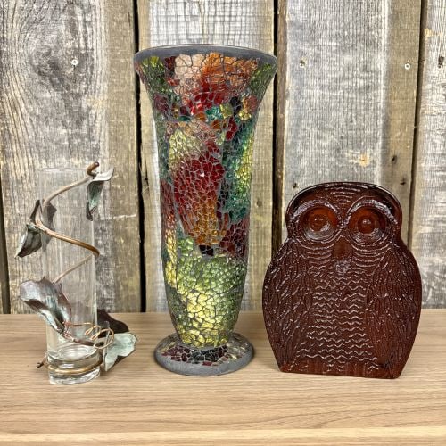 Vintage-style Home Decor includes a Colorful Stained Glass Mosaic Vase, a Decorative Glass Bud Vase: Vintage-style Home Decor includes a Colorful Stained Glass Mosaic Vase, a Decorative Glass Bud Vase Wrapped in Metal Vine Tendrils, and a Dark Cranberry Glass Owl Figurine - 5x11.5" - NOT AVAILABLE FO