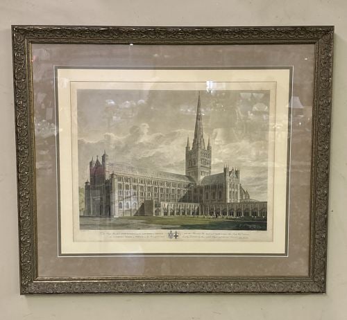Vintage Framed Engraving Print Depicting the Cathedral Church of Norwich, published in September: Vintage Framed Engraving Print Depicting the Cathedral Church of Norwich, published in September 1807, It is dedicated to Henry Bathurst, the Lord Bishop of Norwich at the time - 38.5"x34"
