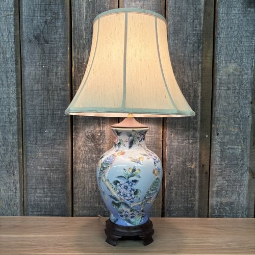 Wildwood Pom 'n Bird Porcelain Table Lamp featuring a Hand-Painted Floral and Bird Design -: Wildwood Pom 'n Bird Porcelain Table Lamp featuring a Hand-Painted Floral and Bird Design - 16"x27"