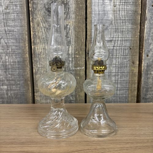 Two Antique Oil Lamps, One features a Swirled Glass Design, the other a Greek Key Design -: Two Antique Oil Lamps, One features a Swirled Glass Design, the other a Greek Key Design - 3"x10.5"