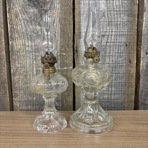 Vintage Miniature Clear Glass Oil Lamps, likely Early American Pattern Glass (EAPG) dating from the: Vintage Miniature Clear Glass Oil Lamps, likely Early American Pattern Glass (EAPG) dating from the late 19th to early 20th century - 3"x9"