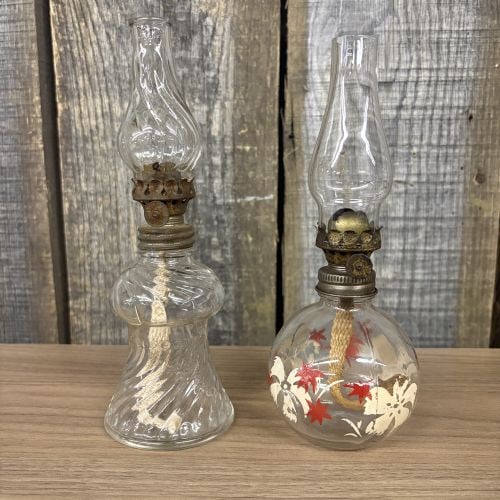 Two Vintage Miniature Oil Lamps in Unique Patterns - 2.5"x8": Two Vintage Miniature Oil Lamps in Unique Patterns - 2.5"x8"