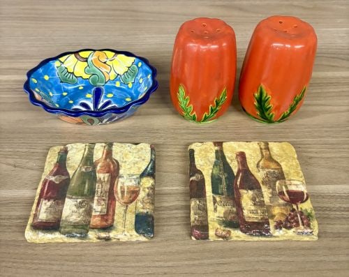 Collection of Decorative Kitchen Items, including a Hand-Painted Talavera Pottery Bowl (Lead Free: Collection of Decorative Kitchen Items, including a Hand-Painted Talavera Pottery Bowl (Lead Free Mexico), Tomato-Shaped Salt and Pepper Shakers (made in Occupied Japan), and Wine-themed Coasters - 4"