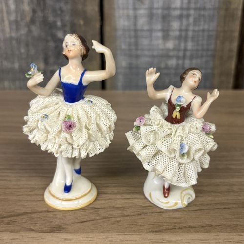These items are Vintage to Antique German Porcelain Lace Ballerina Figurines, likely Produced by: These items are Vintage to Antique German Porcelain Lace Ballerina Figurines, likely Produced by Manufacturers such as Sitzendorf or Volkstedt/Dresden - 2"x4"