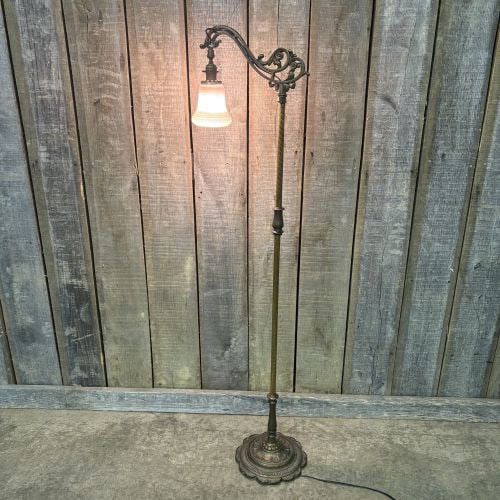 Antique Floor Bridge Lamp, likely dating from the 1920s, featuring a Cast Iron Base and Ornate: Antique Floor Bridge Lamp, likely dating from the 1920s, featuring a Cast Iron Base and Ornate Detailing on the Bridge Arm - 12"x58"