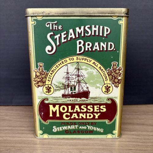 Vintage "The Steamship Brand" Molasses Candy Tin manufactured by Stewart & Young in Glasgow,: Vintage "The Steamship Brand" Molasses Candy Tin manufactured by Stewart & Young in Glasgow, Scotland - 4.5'