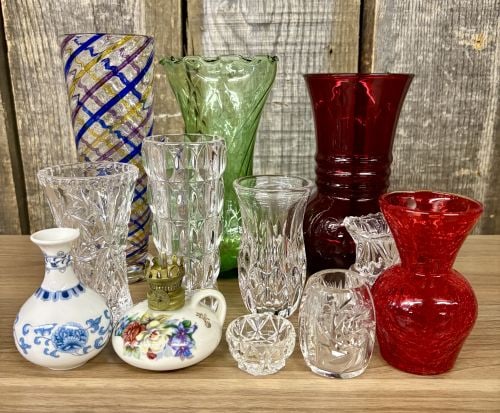 Misc. Collection of Cut Glass Vases and other Items - 3"x10' (1 of 6)