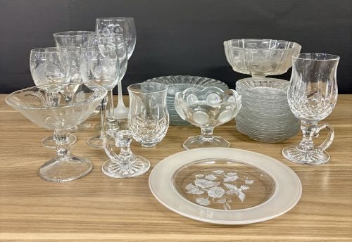 Collection of Assorted Vintage Glassware Includes Various Styles of Etched and Cut Crystal Stemware,: Collection of Assorted Vintage Glassware Includes Various Styles of Etched and Cut Crystal Stemware, Plates, and Bowls and more - 5"x8.5"