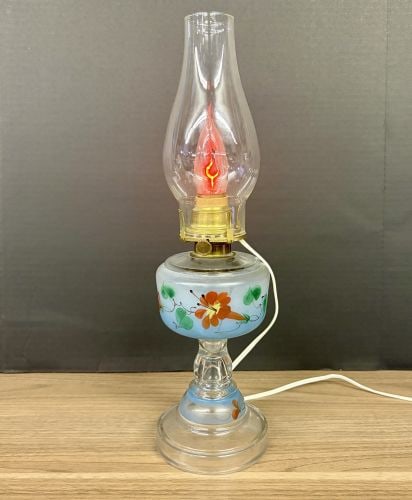 Vintage, Hand-Painted Oil Lamp, Specifically Identified as a Dutch Children Style Lamp featuring a: Vintage, Hand-Painted Oil Lamp, Specifically Identified as a Dutch Children Style Lamp featuring a Floral Pattern - 5"x16"