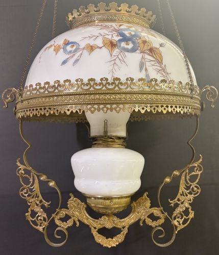 Antique Victorian-era Hanging Oil Lamp, Commonly Known as a Parlor or Library Lamp - 17"x28": Antique Victorian-era Hanging Oil Lamp, Commonly Known as a Parlor or Library Lamp - 17"x28"