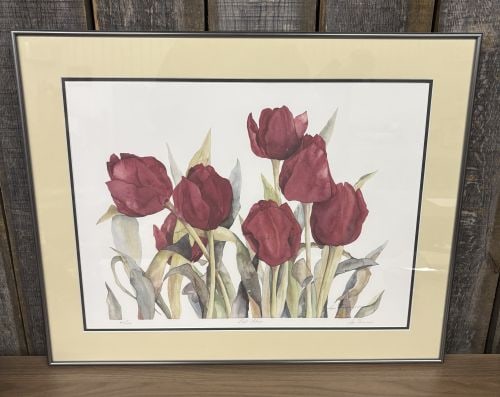 Limited Edition "Red Tulips" artist print by Lyn Snow, featuring a Watercolor Painting of Red Tulips: Limited Edition "Red Tulips" artist print by Lyn Snow, featuring a Watercolor Painting of Red Tulips in a Framed and Matted Presentation - 24"x30"