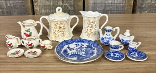 Collection of Vintage Dollhouse Miniature China Tea Sets, featuring Blue Willow Patterns and Festive: Collection of Vintage Dollhouse Miniature China Tea Sets, featuring Blue Willow Patterns and Festive Cardinal Designs - 3"