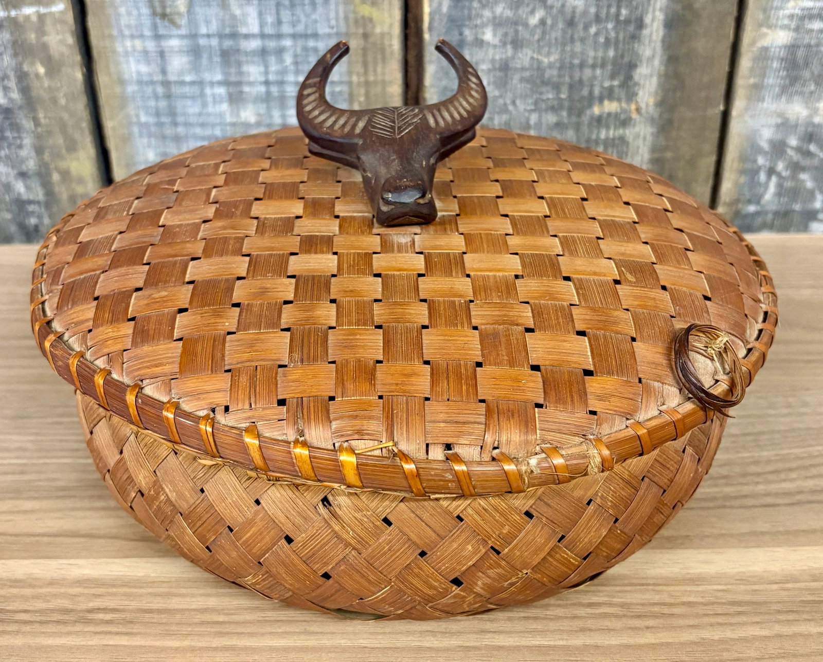 Vintage, Hand-Woven Carved Water Buffalo Lidded Basket, likely made from split bamboo or a similar (1 of 6)