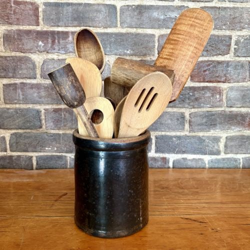 An Assortment of Vintage Wooden Kitchen Utensils in an Albany Slip Glazed Stoneware Crock 10"X16" (1 of 7)