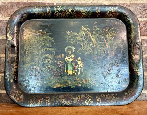 19th Century Folk Art Painted Toleware Serving Tray 15"X20": A rectangular toleware serving tray from the mid to late 19th century, featuring a raised gallery and two integral cut-out handles. The tray is constructed of japanned sheet metal and decorated with a