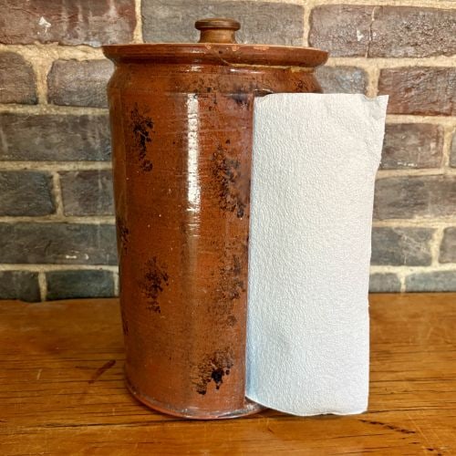 Contemporary Manganese-Daubed Redware Paper Towel Dispenser with Wooden Lid 8"X15" (1 of 8)