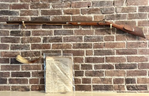Three Items Comprising a Dickson and Gilmore Percussion Rifle, Powder Horn, and 1854 Newspaper (1 of 17)
