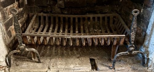 A Pair of Wrought Iron Andirons, a Cast Iron Grate, and a Modern Fireplace Screen (Folded Screen (1 of 6)